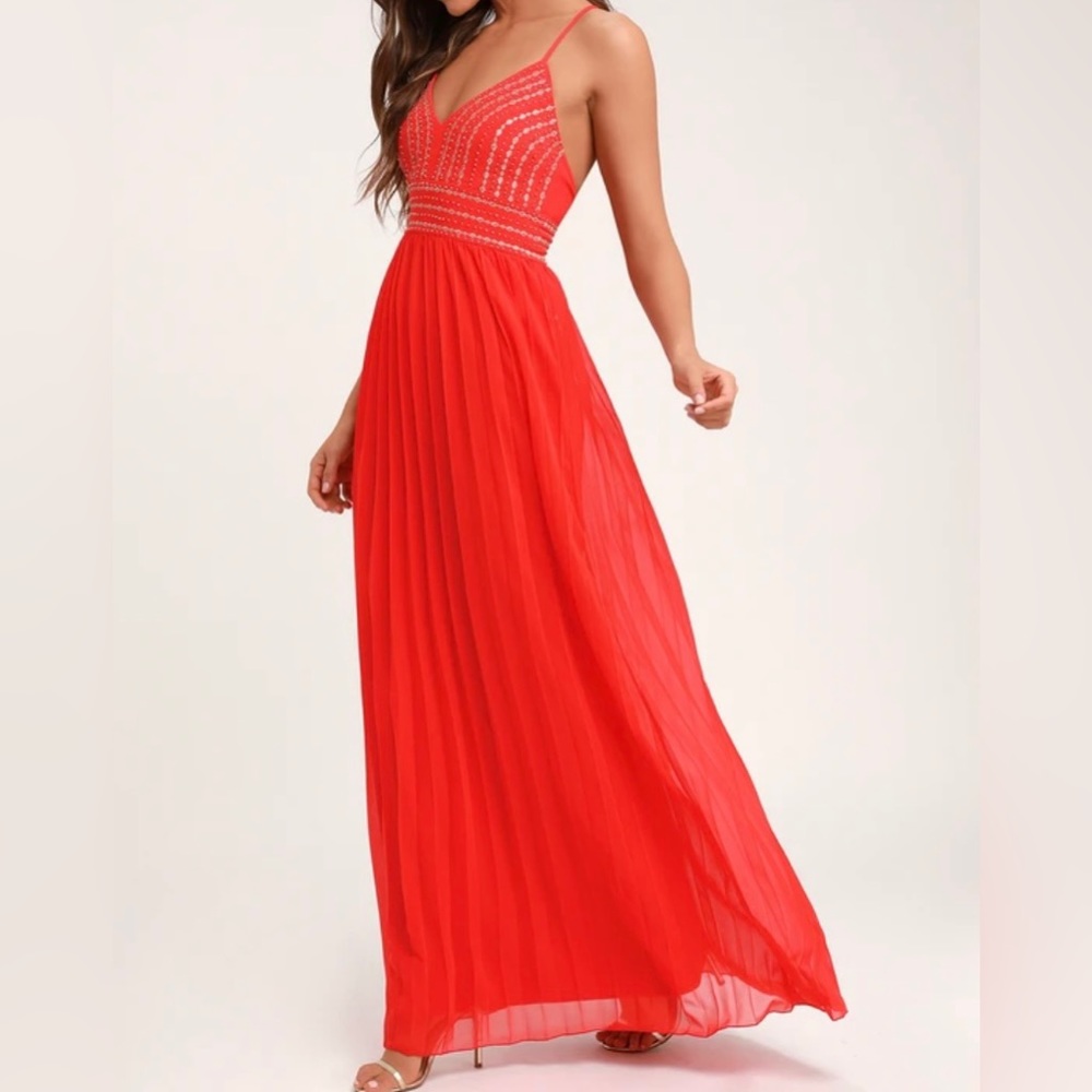 Lulus Glamorous Gala Red Embroidered Maxi Dress, size small